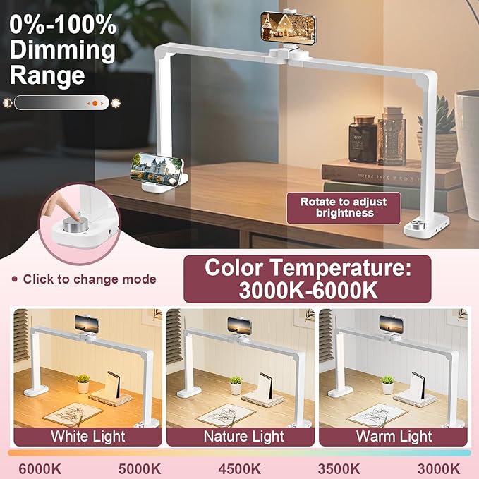 iVict Nail Desk Lamp, 34" Nails Tech Light with Phone Stand, 0-100% Adjustable Brightness, 3000K-6000K Color Temperature Led Desk lamp for Nail, Tattoos, Eyebrows, Beauty