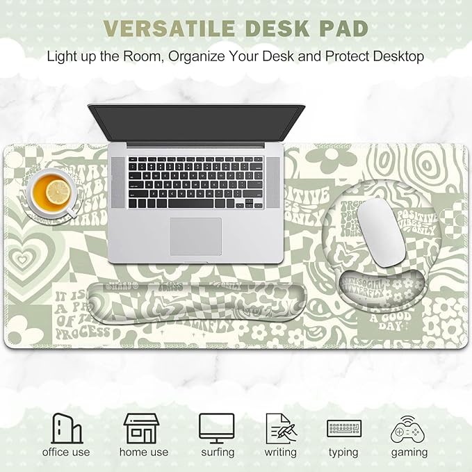 Large Desk Mat, Beige Gaming Mouse Pad, Desk Pad Protector, XXL Mousepad + Keyboard Wrist Rest+Mouse Wrist Rest+Coaster Set with Ergonomic Desk Pad for Home Office PC Computer, Retro Boho Aesthetic