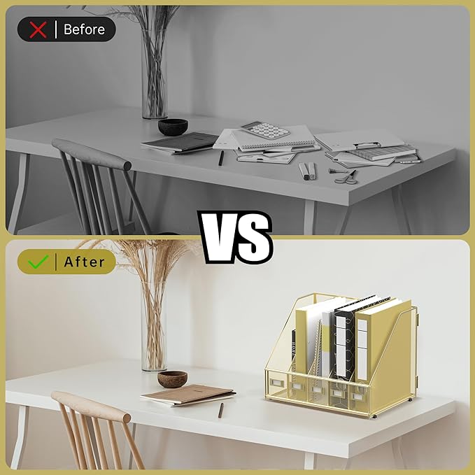 DALTACK Desk Organizers Metal Magazine File Holder with 5 Vertical Compartments Folder Storage Binder Organizer for Office Home School Organization, Gold Plus