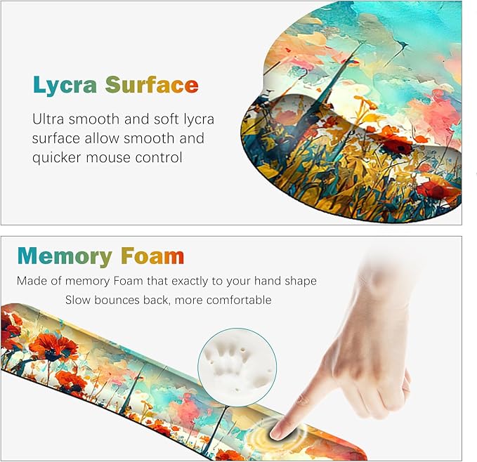 ARTSO Desk Mat, Large Gaming Mouse Pad Wrist Support Set, Ergonomic Keyboard Wrist Rest Desk Pad with Coaster Combo, Extended Mousepad with Non-Slip for Home Office, Oil Painting Flowers Plants