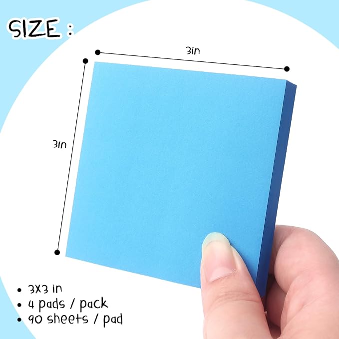 Sticky Notes 3x3 Pop Up Self-Stick Notes Pads with Bright Colors, Easy to Post for Office, School, Home, 4 Pads/Pack, 90 Sheets/Pad (Blue)