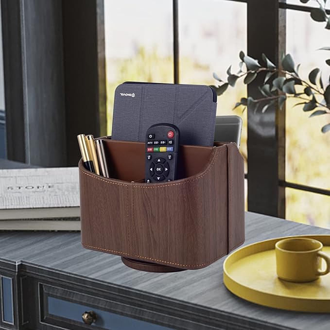 Brown 360 Degree Swiveling TV Remote Control Holder/Caddy, Leather Desk Organizer for Office and Home Furniture Decoration Storage Box(Dark wood grain)