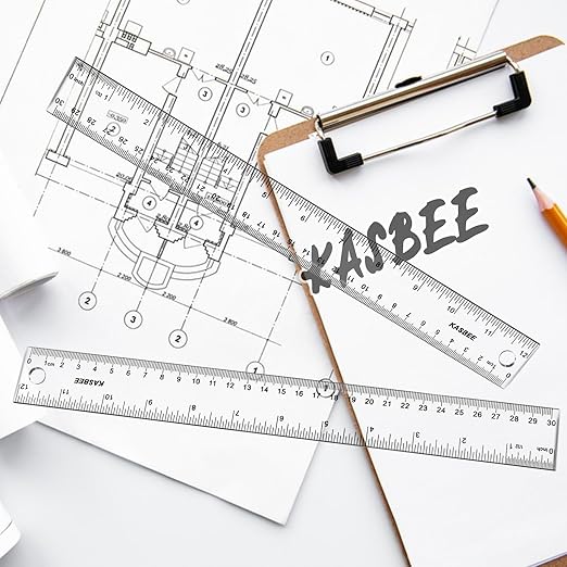 Plastic Ruler 12 inch, Clear Rulers with Hanging Holes, Inches, Centimeters, Millimeters, Straight Measuring Tools for Students, School and Office, Pack of 2
