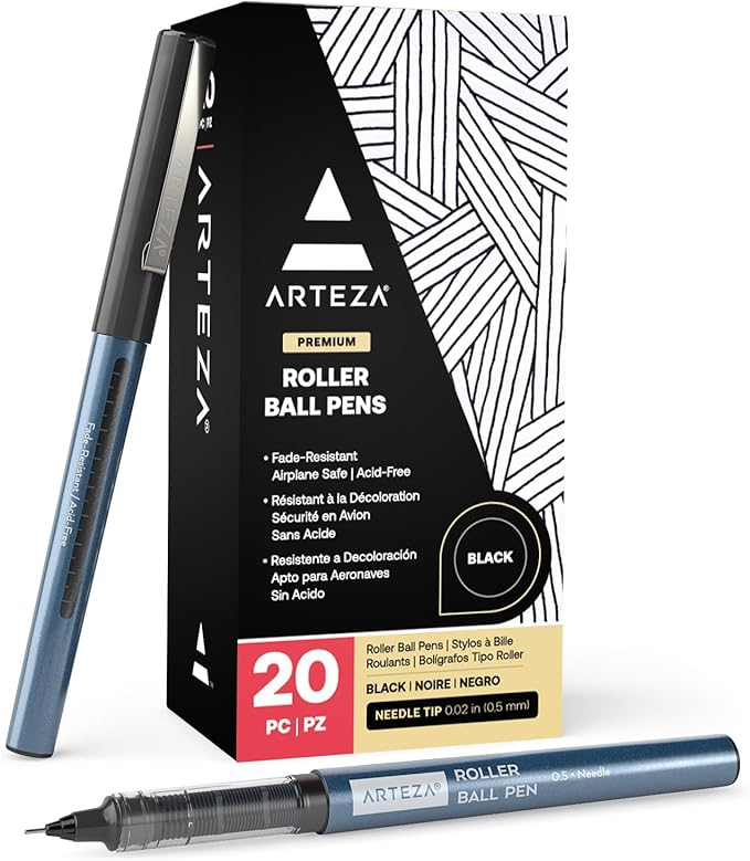 ARTEZA Rollerball Pens, Set of 20 – Extra Fine 0.5 mm Needle Tip Black Ink Pens for Precise Writing, Sketching, Journaling & Daily Use