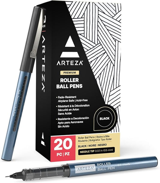 ARTEZA Rollerball Pens, Set of 20 – Extra Fine 0.5 mm Needle Tip Black Ink Pens for Precise Writing, Sketching, Journaling & Daily Use