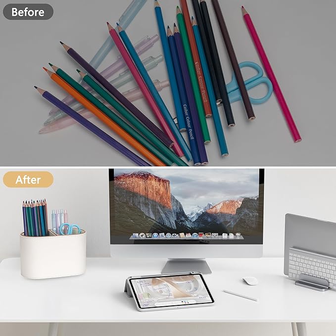 PU Leather Pen Holder, 2-Compartment Pencil Cups, Multifunctional Desk Organizer Desktop Office School Supplies Caddy for Home and Workplace Accessories, Beige