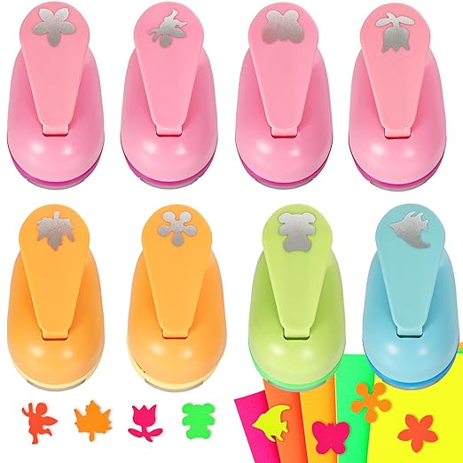 Craft Punches 8 Pack with 6 Sticker Paper, 1inch Hole Punch Shapes Medium Paper Shape Punches for Paper Craft DIY Scrapbooking