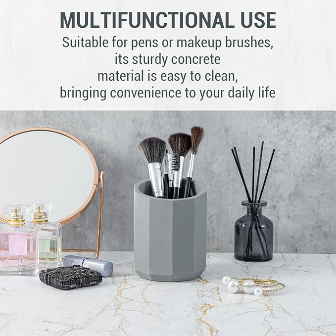 MyGift 3.5 Inch Round Modern Geometric Gray Concrete Pen Holder with Angled Top, Faceted Pencil Cup Office Desk Organizer, Vanity Table Makeup Brush Storage