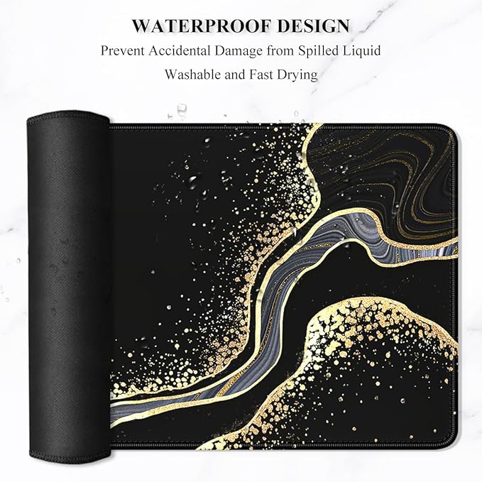 Auhoahsil Extended Mouse Pad, XXL Desk Pad Gaming Mousepad, Large Big Laptop Computer Keyboard Desk Mat with Non-Slip Base Stitched Edge for Gaming Office Men Women, 35.5 x 15.7 in, Black Marble