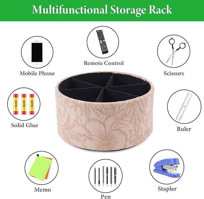 Hennaja Remote Control Holder, 360°Spinning PU Leather Desk TV Remote Caddy,Desk Storage Box Room Accessories for Controller, Media,Mail,Calculator, Mobile Phone,Pencil(1-Carved Light Brown)