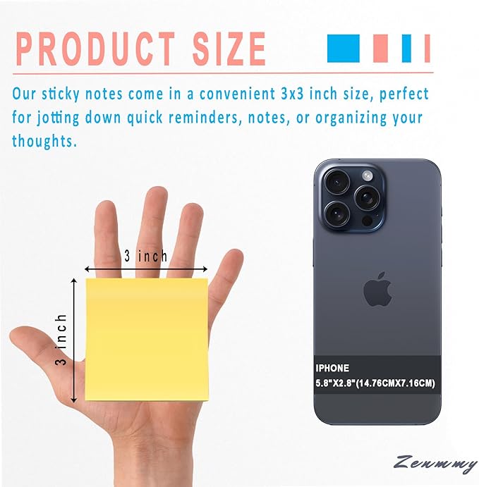 Sticky Notes 3x3 Inches, Self-Stick 48 Pads Bulk, 8 Bright Colors, Colorful Self-Adhesive Notes Pads for Home, School, Office, Notebook, 75 Sheets/Pad