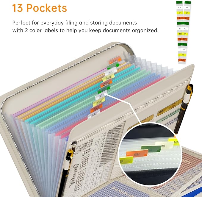 Tamfile Fireproof Accordion File Organizer with Handle, 13 Pocket Expanding File Folder with Zipper & Labels, File Folder with Multi-Pockets Paper Organizer Folder for Letter A4 Files, Beige