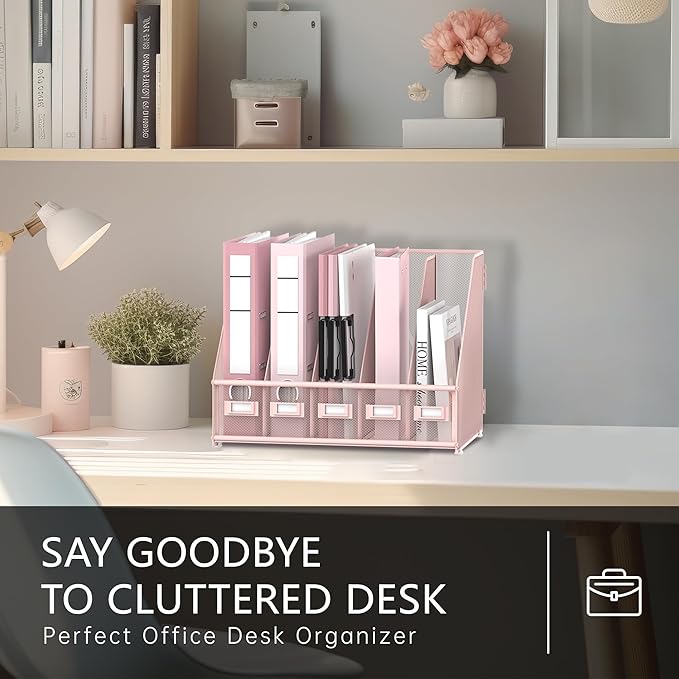 DALTACK Desk Organizers Metal Magazine File Holder with 5 Vertical Compartments Folder Storage Binder Organizer for Office Home School Organization, Pink Plus