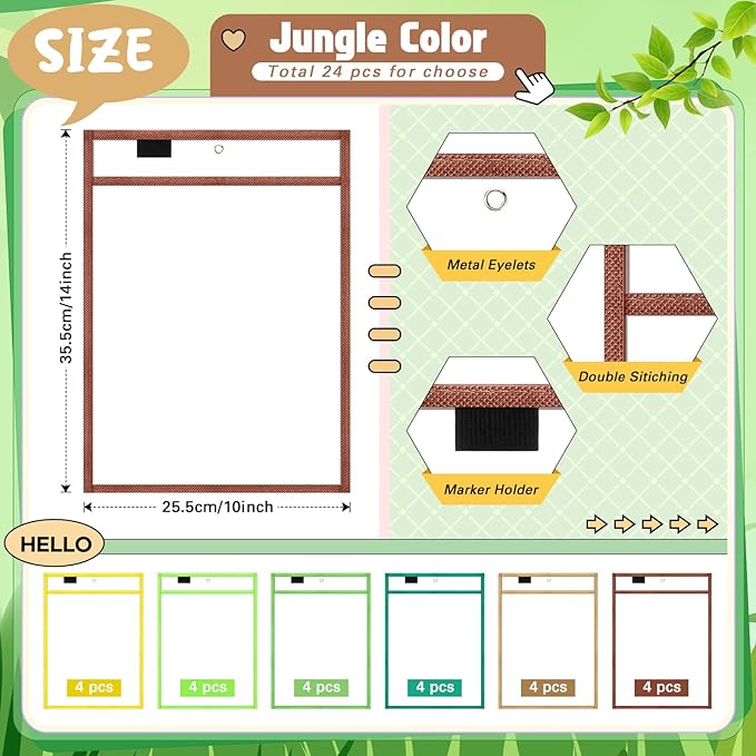 24 Pack Dry Erase Pocket Reusable Sleeves 10" x 14" Clear Plastic Sheet Protectors with Dry Erase Markers and Mini Sleeves Paper Teacher Supplies(Rainforest Green)