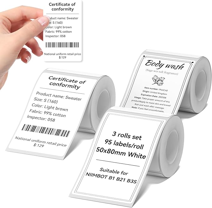 NIIMBOT Labels 3 Rolls Set for B1/B21/B31 Sticker Printer, 50x80mm (1.97'' x 3.15'') 95 Labels/Roll, Refill Labeling Tape for Home School Office Small Business (White)
