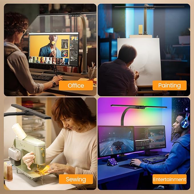 Upgraded LED Desk Lamp for Home Office with RGB, Rotatable Computer Desk Light with Remote, Eye Caring Table Lamp with Clamp for Study, Dimmable Dual Head Desk Lighting for Monitor PC, 22W