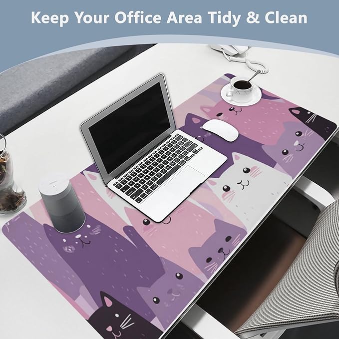 Mouse Pad Desk Mat Leather Desk Pad Large Gaming Desk Cover Protector Mat for Keyboard Computer Laptop Office Waterproof 35.4 x 16.5 Inch Pink and Purple Cats