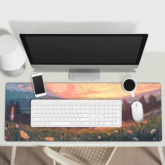 Hill Side Wildflowers Gaming Mouse Mat Extended Large XL Mouse Pad Desk Mat Non-Slip Rubber Mice Pads Stitched Edges for Office and Home,31.5 X 11.8 X 0.12 Inches