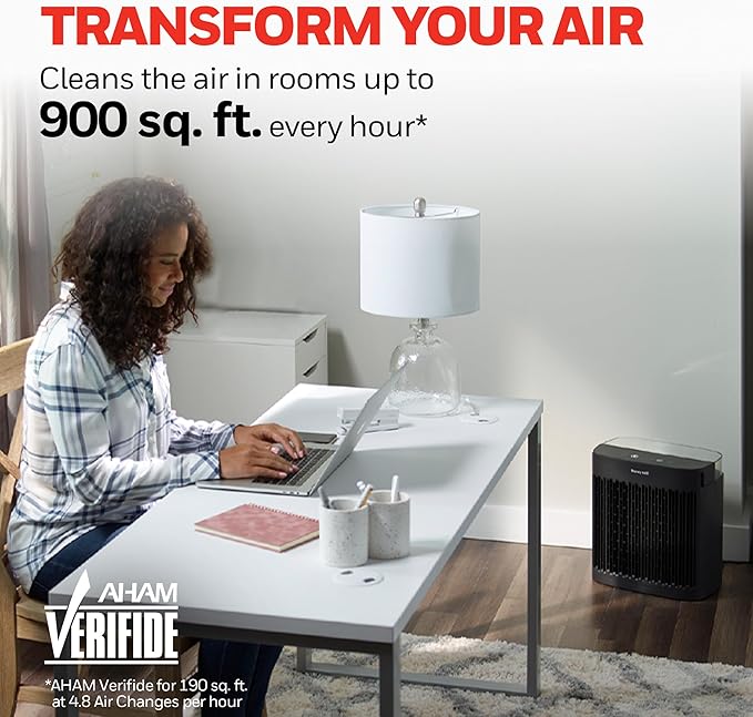 Honeywell HEPA Air Purifier for Home, 938 sq ft Rooms in 1 Hour, Turbo Clean, Reduces Allergens, Dust, Pollen, Pet Dander, All Smoke Types, Odors, Black, HPA5100B