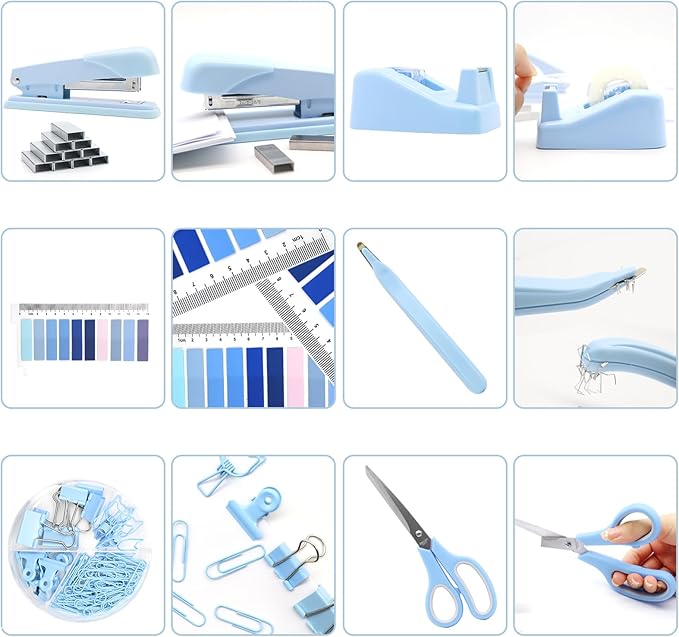 OfficeMate Stapler & Tape Dispenser Set - Blue Desk Accessory Kit, Gift for Students, Women, Coworkers, Boss Lady, Office Clerks