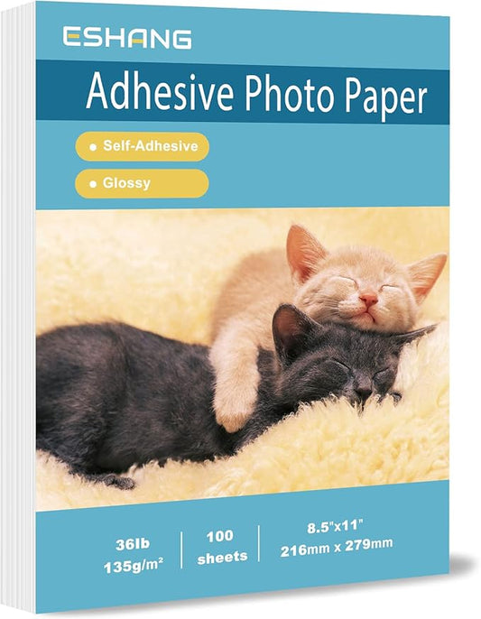 Self-Adhesive Photo Paper, Glossy Sticker Paper for Inkjet Printer, 8.5 x 11 Inch, 100 Sheets, 135 gsm, Letter Size, by ESHANG