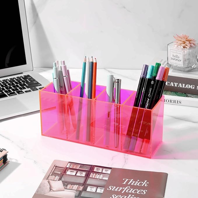 Pen Holder for Desk Neon Acrylic Pencil Holder Cup Makeup Brush Storage Organizer for Vanity, Neon Pink