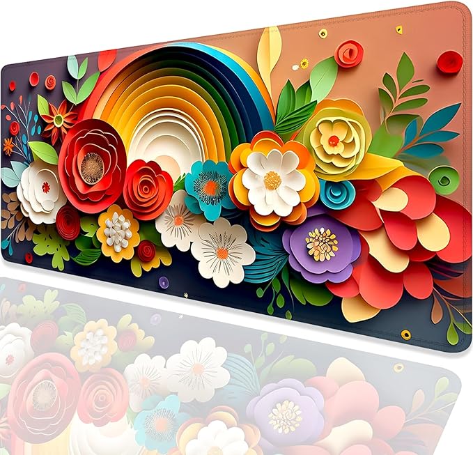 Rainbow Spring Flowers Desk Pad Mouse Pad,Floral Prints Extended Large Gaming Mouse Mat with Stitched Edges,Non-Slip Waterproof Rubber Base Mousepad for Office Work Home Desk Mat(27.5X11.8 in)