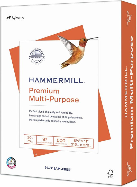 Hammermill Printer Paper, Premium Multipurpose Paper 20 lb, 8.5 x 11 - 1 Ream (500 Sheets) - 97 Bright, Made in the USA
