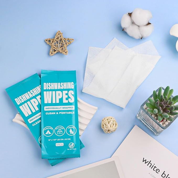 Dish Cleaning Wipes Individually Wrapped, Portable Kitchen Disposable Dish Soap Wipes Bulk Travel Size Quick Cleaning Dishwashing Pads for Outdoor Traveling/Camping/Hotel (50 Pcs)