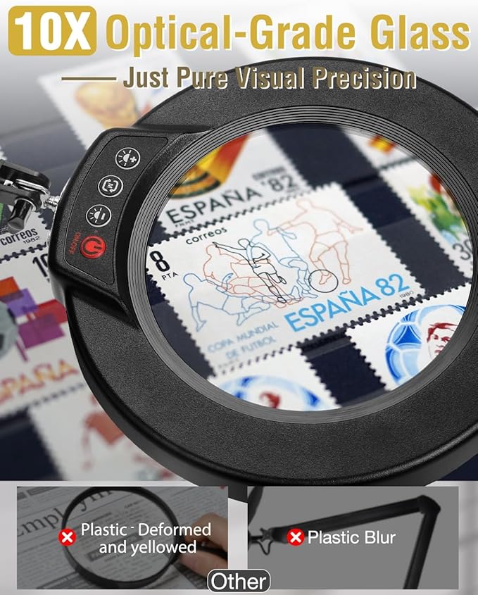 10X Magnifying Glass with Light and Clamp, Ultra Long 3 Section Swing Arm LED Desk Lamp, 5 Color Modes Stepless Dimmable, Hands Free Lighted Magnifier with Stand for Repair Reading Crafting Close Work