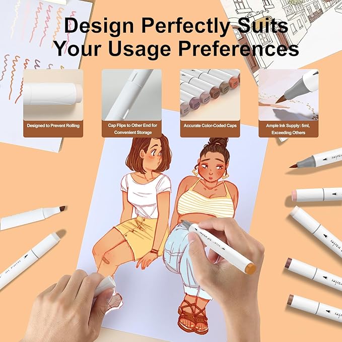 SFAIH Skin Tone Alcohol Markers Brush Tip - 37 Portrait Color Markers for Drawing, Coloring - Fast-Drying, Blendable Ink Marks for Artist Adults, Dual Tip - Brush & Chisel - Refillable Ink