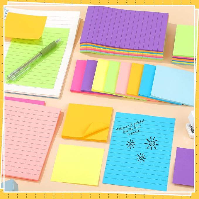 Yexiya 64 Pcs Lined Sticky Notes Self Stick Notes with Lines Bright Assorted Colors Sticky Pad for Home Office Products Post Memos, 1920 Sheets(4 x 6 Inch, 3 x 3 Inch,Stylish Color)