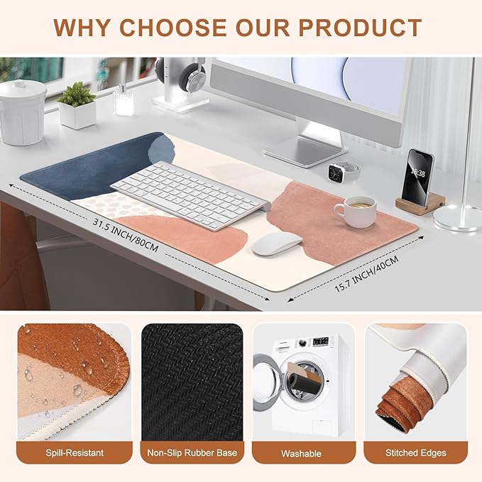 HAOCOO Mouse Pad, Computer Desk Mat, Large Mouse Pad for Desk, XXL Boho Mousepad Cute for Desktop with Non-Slip Base, Waterproof Laptop Keyboard Mat for Office Home,Boho Pink Navy