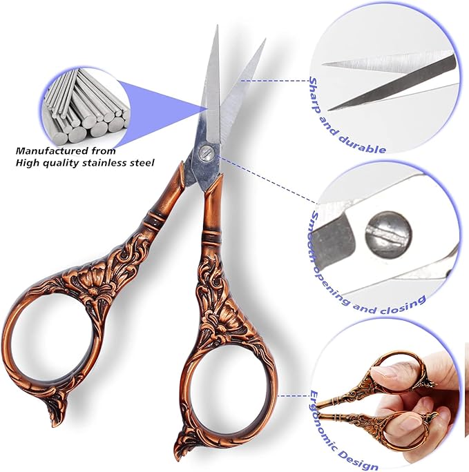 BIHRTC 4.5Inch Vintage Crochet Embroidery Scissors Small Sharp Pointed Stainless Steel Scissors for Sewing Craft Needwork Needpoint Artwork DIY Tool Scissor Bronze Scissor
