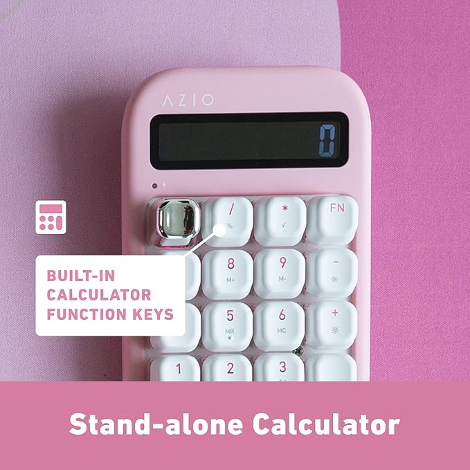AZIO IZO Wireless Mechanical Calculator & Number Pad (Pink/Silver) - Bluetooth 5.0 & USB, Gateron-Red Mechanical Switch, 9 Backlight Modes, Rechargeable, PC & Mac Compatible, Pink Blossom (IN408)