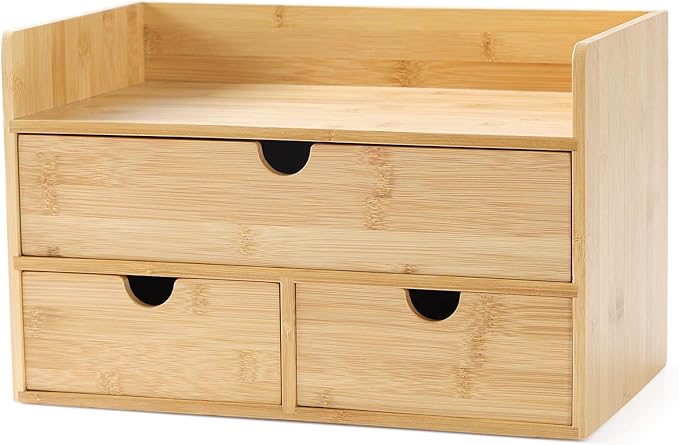 Wisuce Bamboo Desk Organizer, Mini Desktop Drawer Tabletop Storage Organization Box for Office Home Toiletries Supplies Vanity, No Assembly Required (3 Drawer with Shelf)