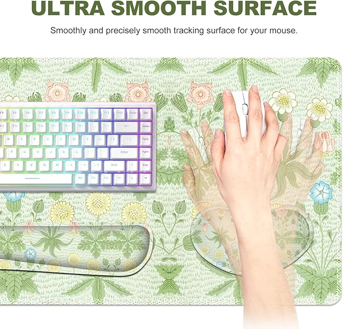 Large Mouse Pad and Keyboard Wrist Rest, Extended Mouse Pad with Wrist Support, Non-Slip Desk Mat, Desk Blotter Protector Pad for Home Office, Green Flowers Plants