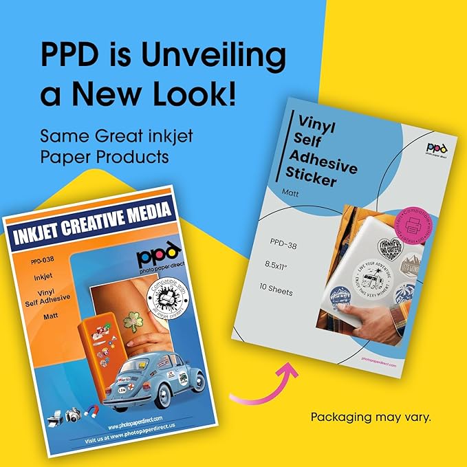 PPD Premium Printable Vinyl Sticker Paper for Inkjet Printer - 10 Sheets Matt Sticker Paper 8.5 x 11 - Self-Adhesive, Waterproof, Tear Resistant, Instant Dry - PPD-38-10