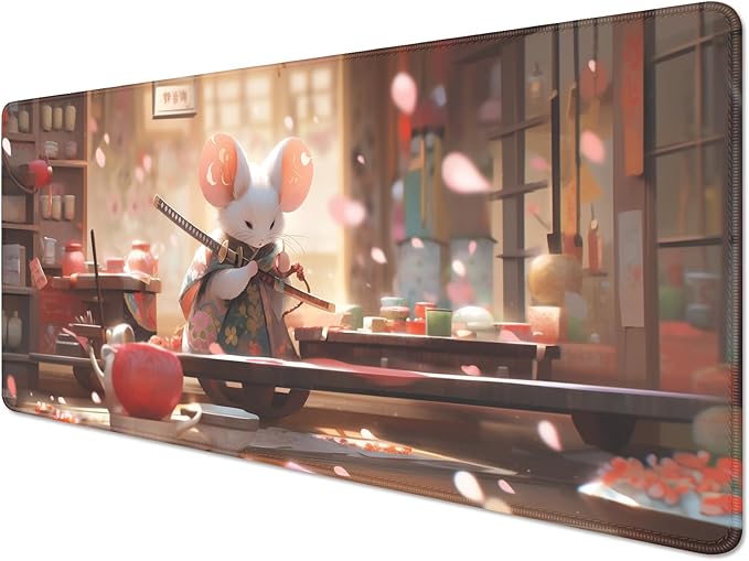 Mouse Samurai Mouse Pad Japanese Desk Mat,Large Gaming Mouse Pad,Desk Mat for Keyboard and Mouse,Computer Pad,Big Mousepad with Stitched Edge Non-Slip Rubber Base for Office School Home