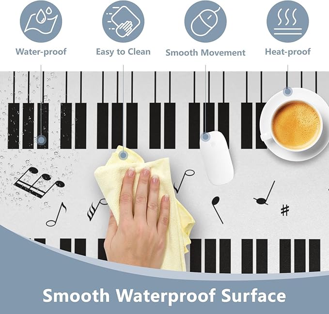 Mouse Pad Desk Mat Leather Desk Pad Large Gaming Desk Cover Protector Mat for Keyboard Computer Laptop Office Waterproof 47.2 x 23.6 Inch Piano with Music Notes