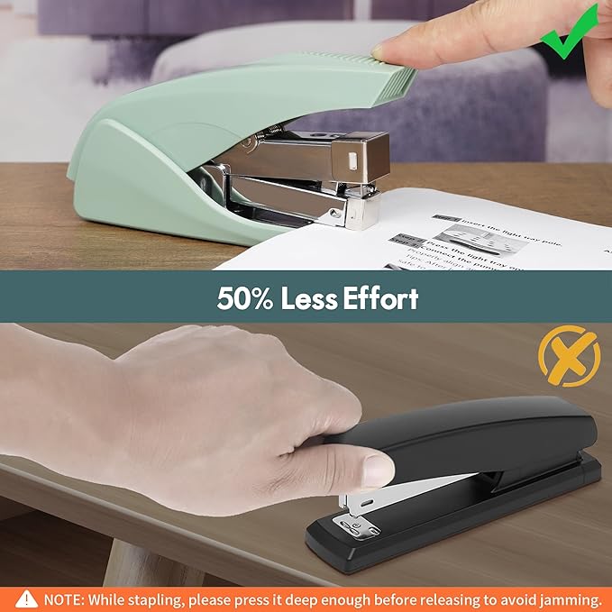 AFMAT ES10 Effortless Stapler for Desk, 50 Sheet Capacity, Low Force, Built-in Staple Remover, One Finger Touch Stapling Desktop Stapler, Portable & Space Save Size, Good for Home & Office, Green
