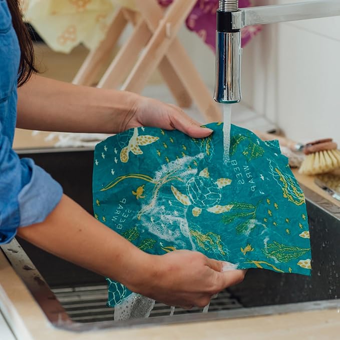 Bee's Wrap Beeswax Wraps for Food - Ocean 3 Pack (2M 1 Sandwich) Made in USA Reusable & Organic Food Wraps, Sandwich Wrap - Eco-Friendly Alternative to Aluminum Foil & Plastic Wrap