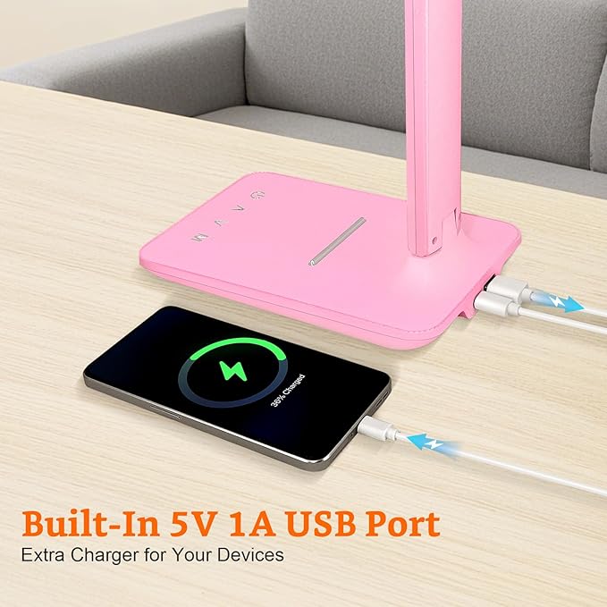 karidi LED Desk Lamp Dimmable Table Lamp with USB Charging Port, 5 Lighting Modes, Sensitive Control, Foldable Portable Desk Light for Home Office Bedroom Reading (Pink, Standard Size - 13.3 inch)