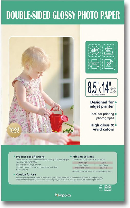 Double Sided Glossy Photo Paper 8.5 x 14 Legal Size for Inkjet Printer, 50 Pack, 260gsm/69lb