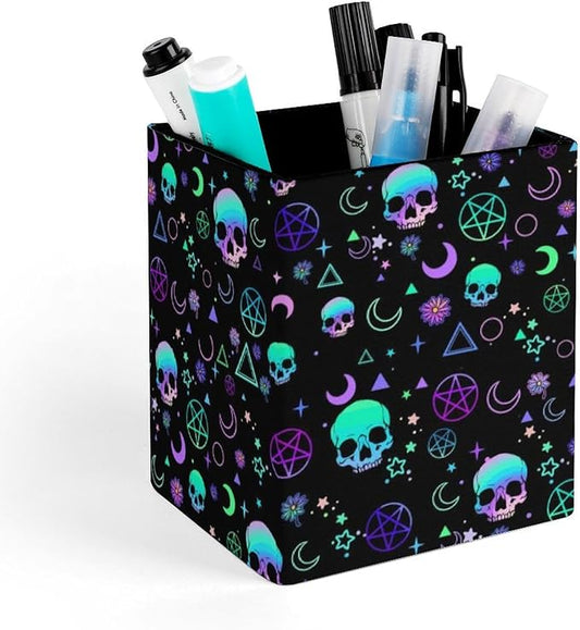Square Pen Holder & Pencil Organizer for Desk - Office Storage Organizer, Markers/Makeup Brushes/Scissors Holder, Compact Desk Decor Accessories for Home Classroom School(Skull)