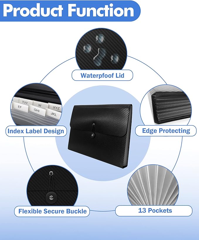 Expanding File Folder with Tabs, 13 Pockets File Organizer Accordion File Holder ，with Elastic Buckles Closure, A4 Paper Document Organizer for Home School Office