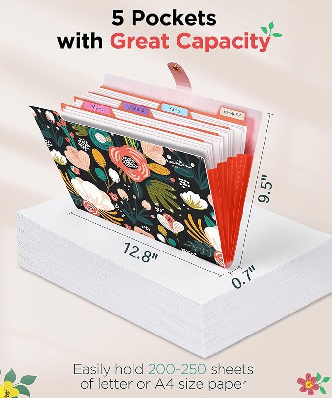 Sooez Expanding File Folders Organizer, Folders with 5 Pockets, Folders for Documents w/Sticker, Accordion File Organizer, Paper Receipt Bill Filing Organizer, School Office Travel Essentials Supplies
