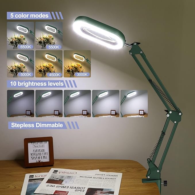 10X Square Magnifying Glass with Light and Stand, Real Glass LED Lighted Magnifier, 5 Color Modes Stepless Dimmable, Hands-Free Mag Desk Lamp with Clamp for Reading Craft Hobby Close Work - Green