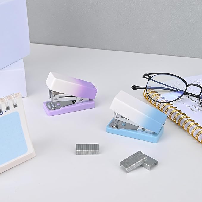 Temiary 2 Pcs Mini Desktop Stapler with Staples Standard, Small Cute Stapler for Desk, 12 Sheets Capacity, Gradient Staplers for Student or Office Use (Blue & Purple)