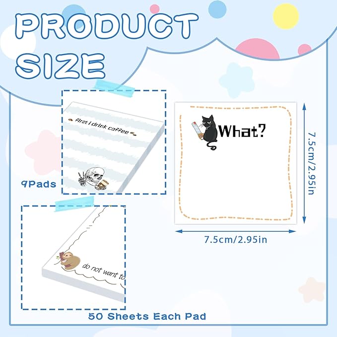 ZCPTZ 9 Pcs Funny Notepads 3" x 3" Self-adhesive Note Pads Fun Memo for Work Office School Home - 450 Sheets Reusable Cute Sticky Notes